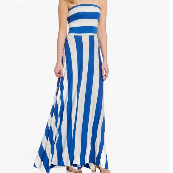 knee length dresses for ladies Faithfull The Brand Vera Striped Cotton Strapless Maxi Dress main image 1